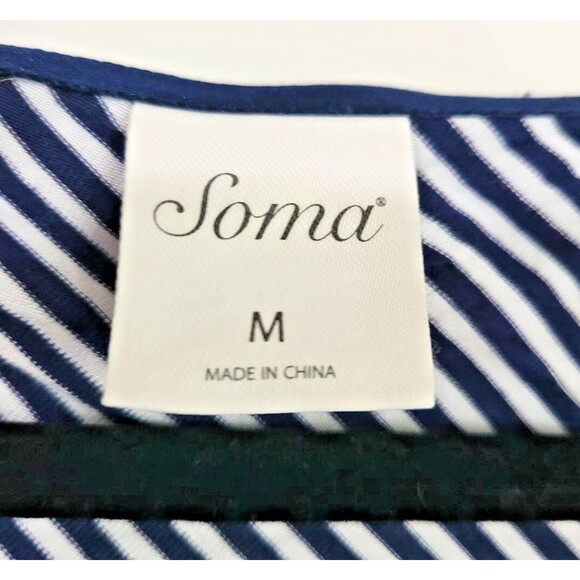 SOMA Size M Blue/White Striped Sleeveless Rayon Asymmetrical Hem Midi Dress - Picture 3 of 5